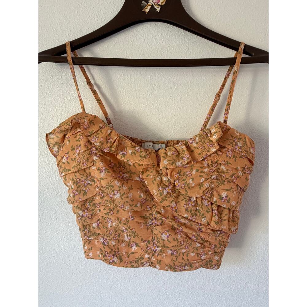 Lush Yellow Floral Spaghetti Strap Ruffled Ruched Cottagecore Boho Cropped Tank